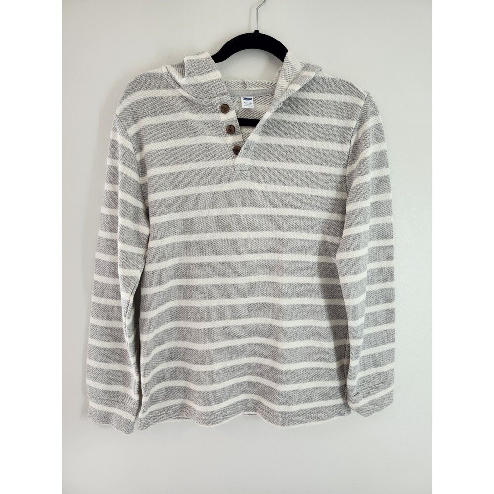 Old Navy Boys NWT Gray and White Striped Beach Fleece Hoodie Size 14/16